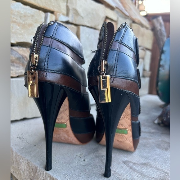 L.A.M.B. Peep toe black & brown leather cut out ankle boot heel Sz-7.  G - Picture 7 of 11